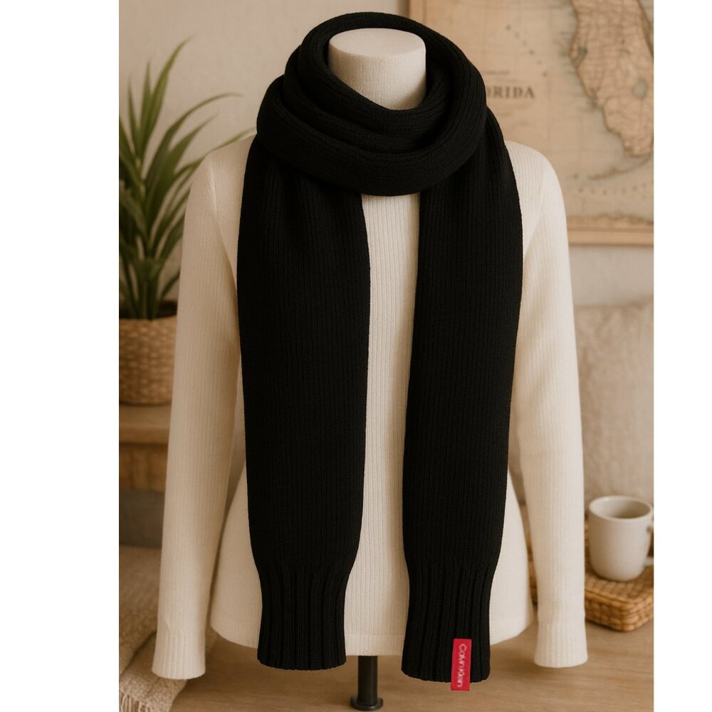 NWT Womens Calvin Klein Ribbed Knit Cold Weather Long Scarf Black OS